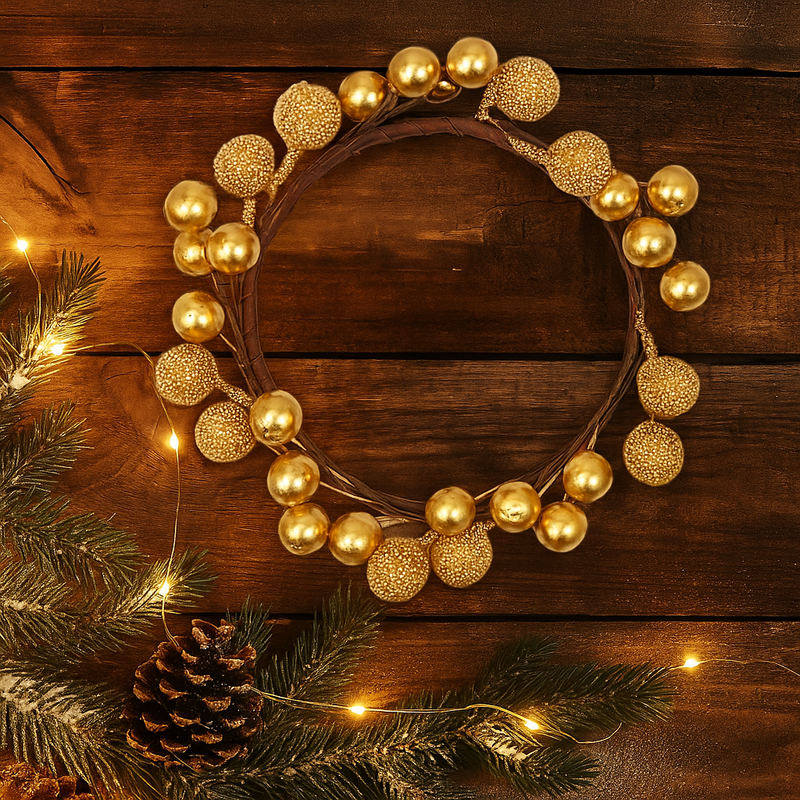 Gold glitter bauble candle wreath, 18x10cm, ideal for Christmas table centrepiece