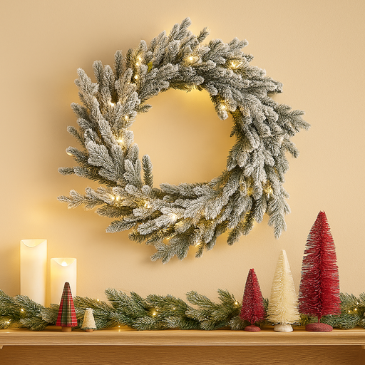 76cm pre-lit Christmas wreath with snow-dusted Canadian fir branches and warm white lights
