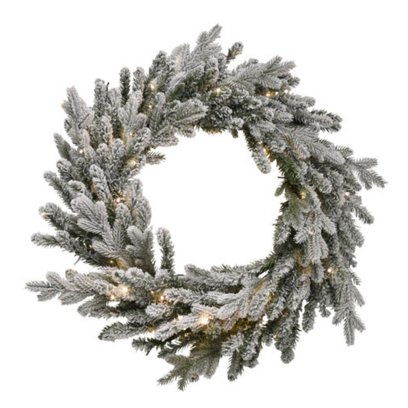 76cm pre-lit Christmas wreath with snow-dusted Canadian fir branches and warm white lights