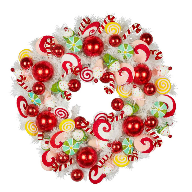 71cm Candyland Christmas wreath with colorful faux candy, baubles, and glitter details – playful and whimsical holiday door decoration