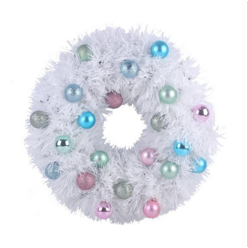 40cm pastel bauble Christmas wreath in pink, mint, lilac and pearl tones – fairy floss theme
