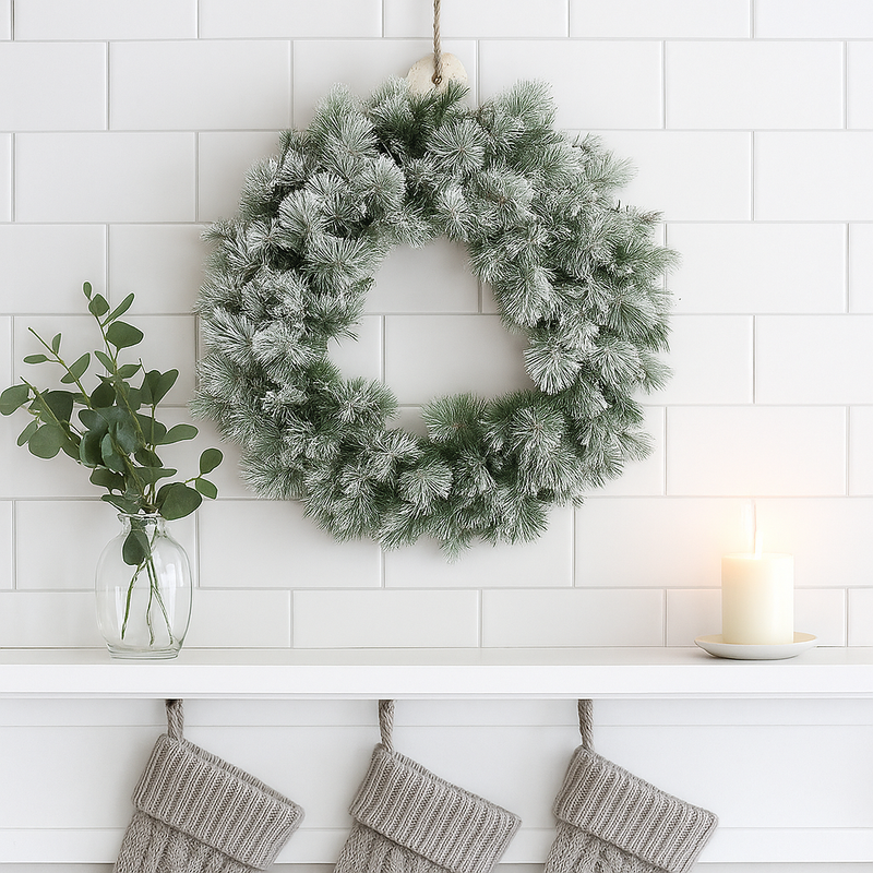 Flocked pine Christmas wreath 76cm with snowy finish and mixed green branches