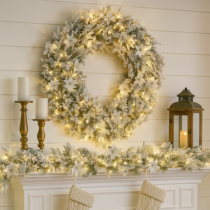 122cm frosted Christmas wreath with thick snow-dusted pine foliage