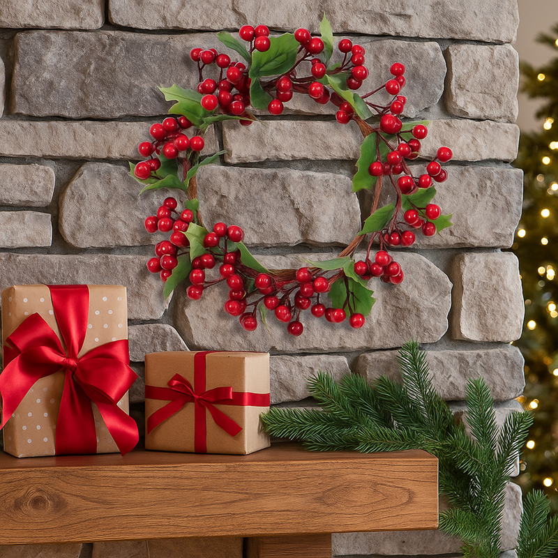30cm Christmas holly wreath with red berries and green leaves