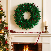 Christmas tinsel wreath with green foliage and red holly berries, 45cm diameter