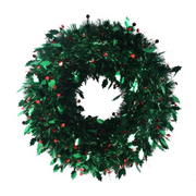 Christmas tinsel wreath with green foliage and red holly berries, 45cm diameter