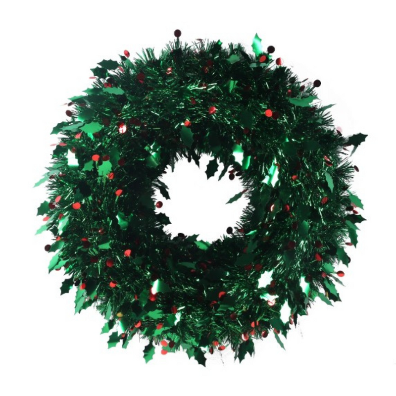Christmas tinsel wreath with green foliage and red holly berries, 45cm diameter