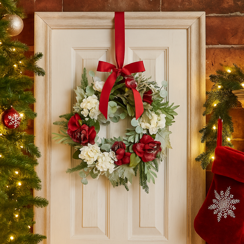 Christmas wreath with red and white luxe flowers on green foliage, 60cm diameter