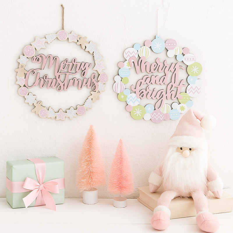 30cm pastel Christmas wreath plaque in assorted designs with festive accents