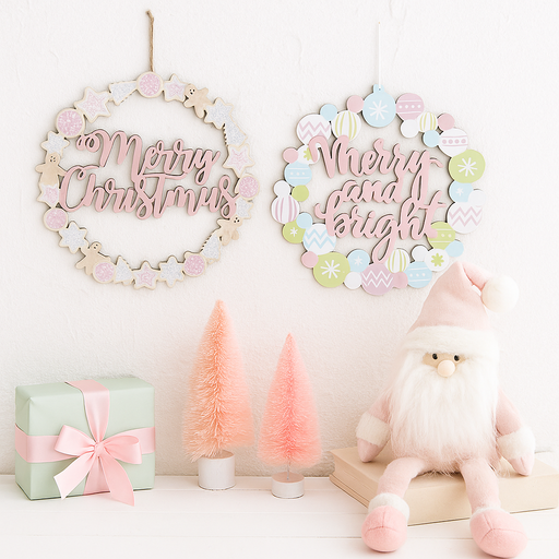 30cm pastel Christmas wreath plaque in assorted designs with festive accents