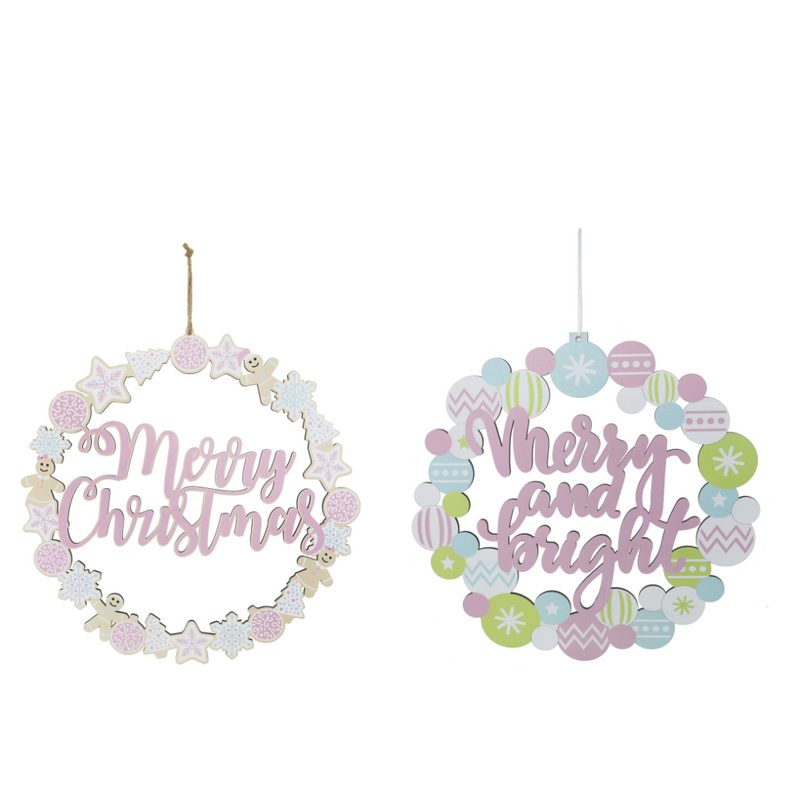30cm pastel Christmas wreath plaque in assorted designs with festive accents
