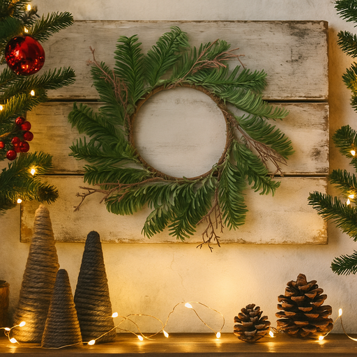Christmas pine candle wreath with red berries and pinecones, 24x10cm, for festive centrepieces