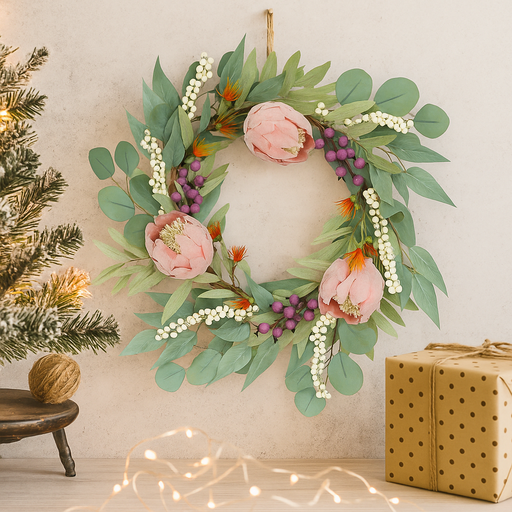 50cm Christmas wreath with protea flowers and native greenery for a rustic natural festive decoration