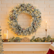 61cm Snowy Bedford Christmas Wreath with frosted pine branches and pinecones – rustic winter holiday decoration