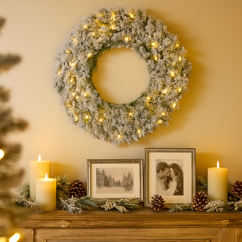 120cm large snowy Oxford Christmas wreath with frosted green foliage
