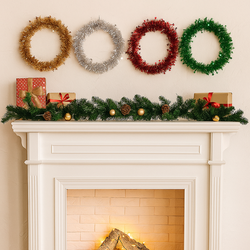 30cm tinsel Christmas wreath in assorted festive colours for door or wall décor