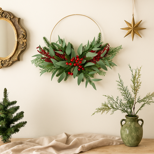 45cm wire Christmas wreath with faux gum leaves and red berries
