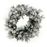 Snowy Dorchester Christmas Wreath 61cm with warm white LED lights and frosted snowy finish, perfect for door and wall holiday decoration.