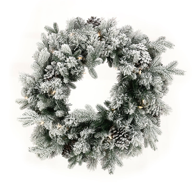 Snowy Dorchester Christmas Wreath 61cm with warm white LED lights and frosted snowy finish, perfect for door and wall holiday decoration.