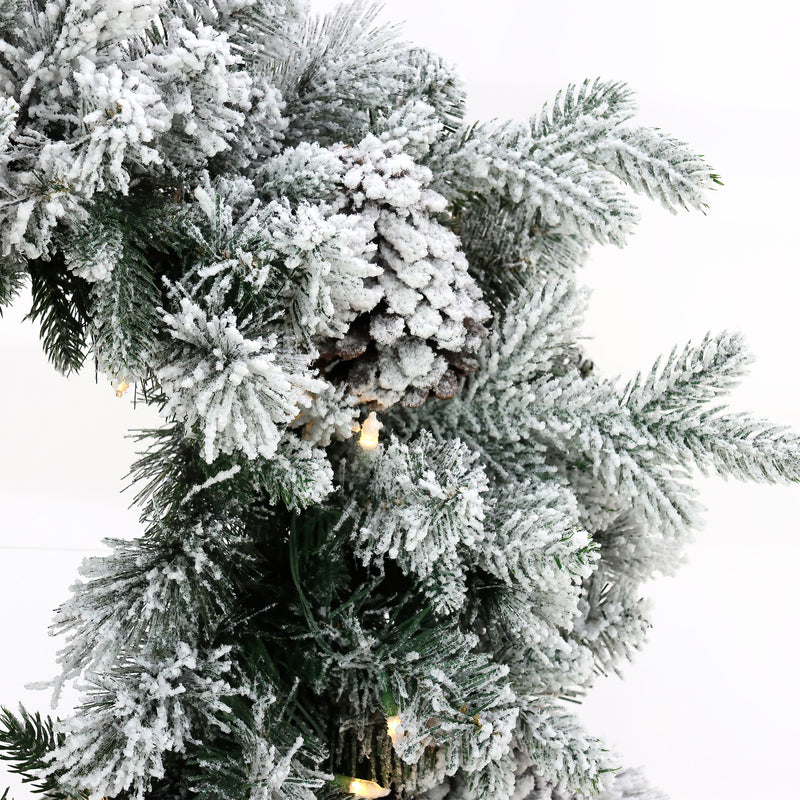 Snowy Dorchester Christmas Wreath 61cm with warm white LED lights and frosted snowy finish, perfect for door and wall holiday decoration.