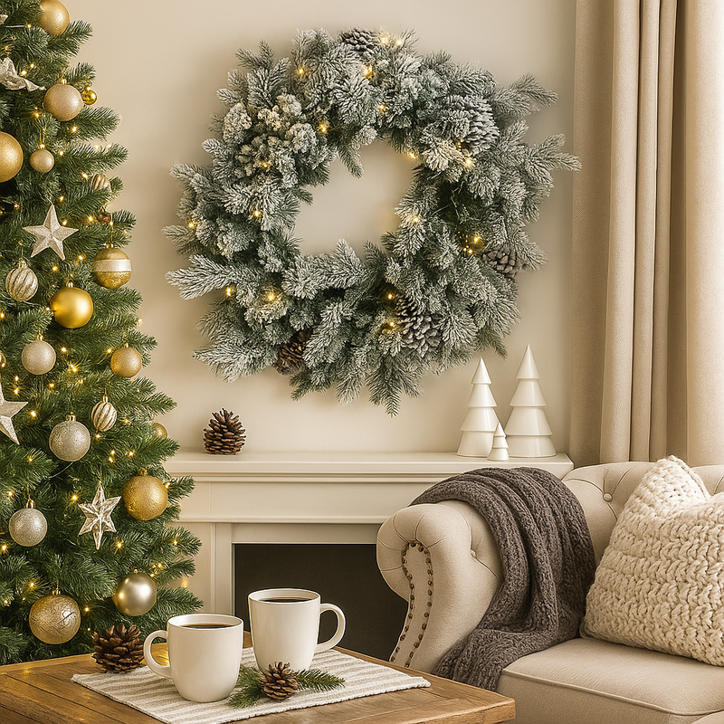 Snowy Dorchester Christmas Wreath 61cm with warm white LED lights and frosted snowy finish, perfect for door and wall holiday decoration.