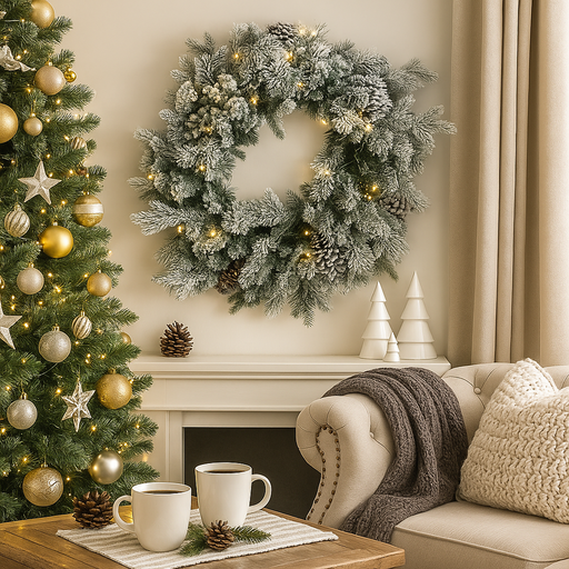 Snowy Dorchester Christmas Wreath 61cm with warm white LED lights and frosted snowy finish, perfect for door and wall holiday decoration.