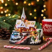 LED Christmas church with two rotating rinks, skaters, carousel, and music, 33x31x38cm holiday decor