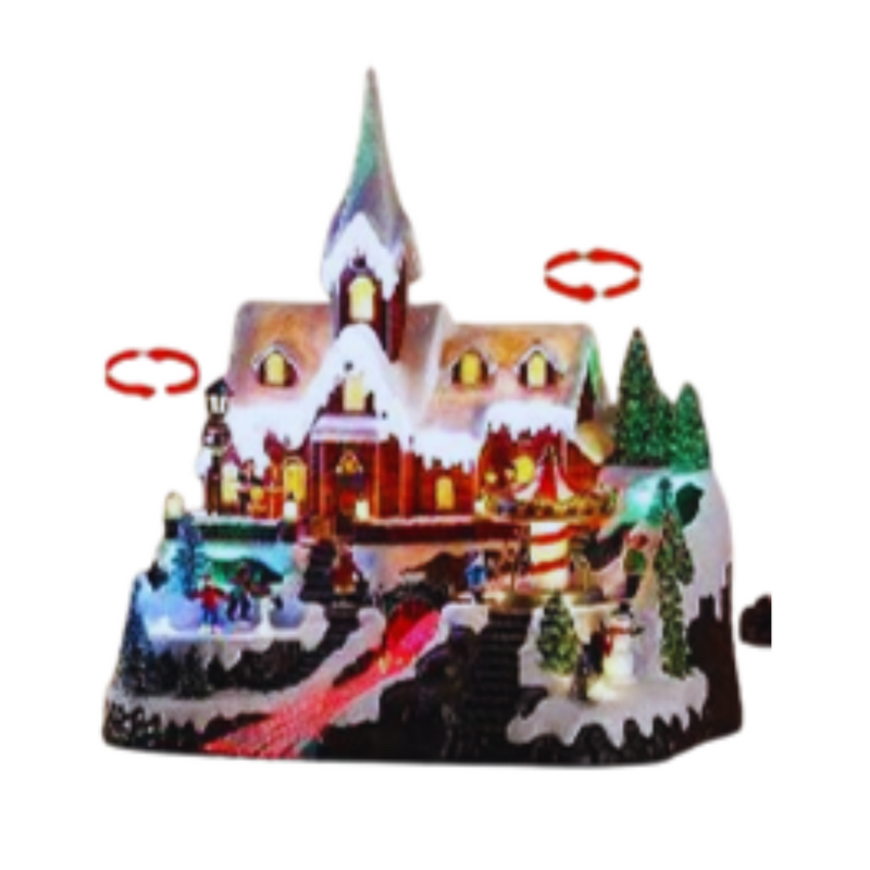 LED Christmas church with two rotating rinks, skaters, carousel, and music, 33x31x38cm holiday decor