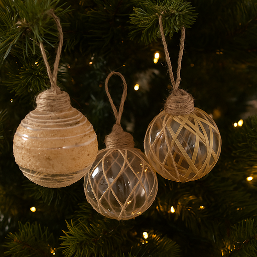 Clear Christmas Bauble with Raffia Detail – 8cm rustic ornament assorted in PDQ tray