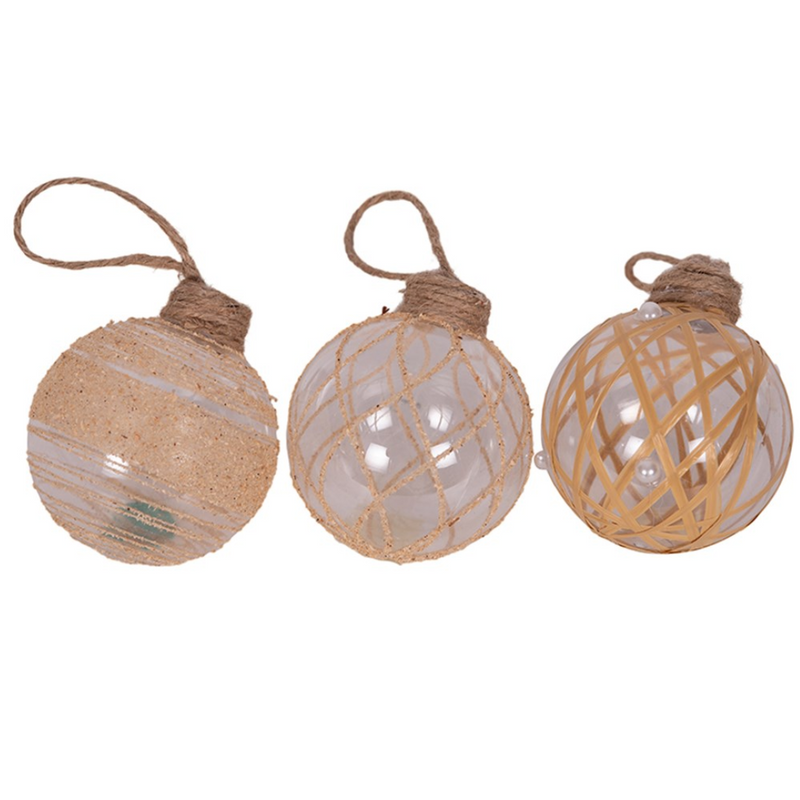 Clear Christmas Bauble with Raffia Detail – 8cm rustic ornament assorted in PDQ tray