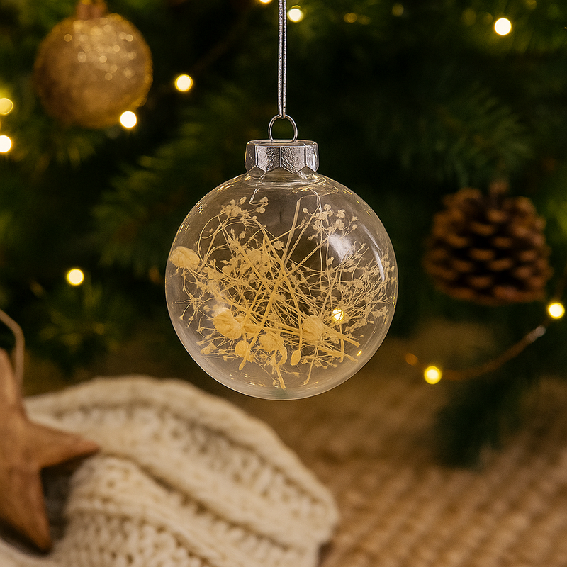 Clear Christmas bauble 8cm with delicate leaf decoration inside for nature-inspired holiday décor