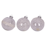 10cm clear shatterproof Christmas baubles with assorted white glitter snowflake and swirl designs
