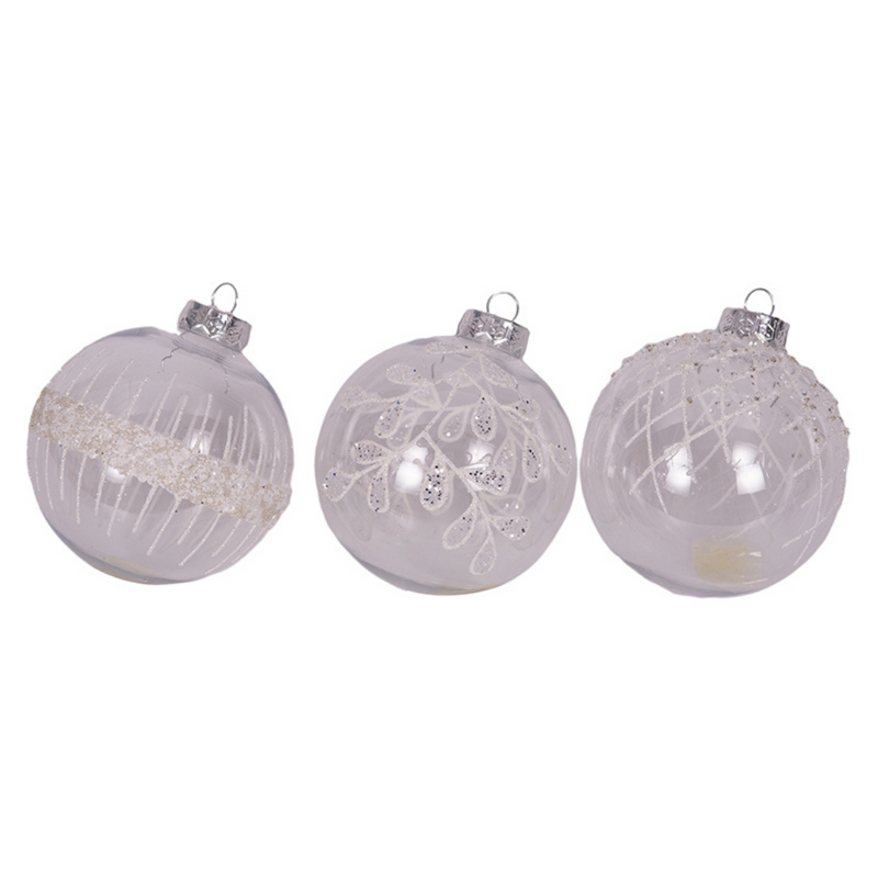 10cm clear shatterproof Christmas baubles with assorted white glitter snowflake and swirl designs