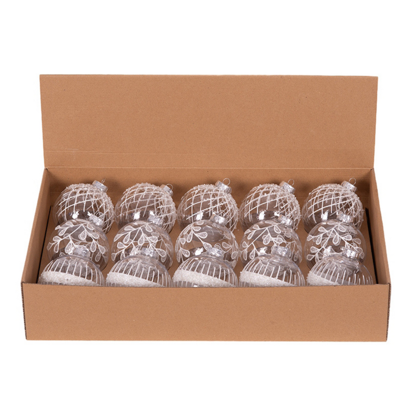 10cm clear shatterproof Christmas baubles with assorted white glitter snowflake and swirl designs