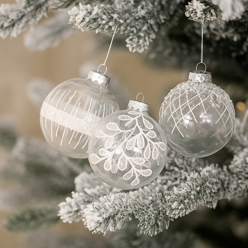 10cm clear shatterproof Christmas baubles with assorted white glitter snowflake and swirl designs