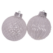 12cm clear shatterproof Christmas baubles with white glitter snowflake and swirl details, assorted designs