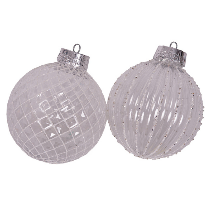 12cm clear shatterproof Christmas baubles with white glitter snowflake and swirl details, assorted designs