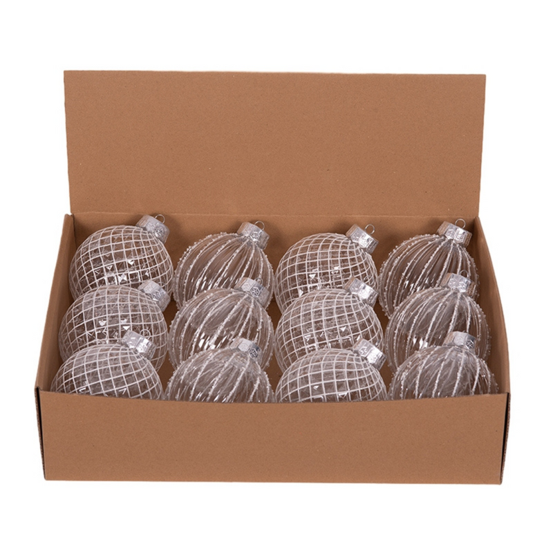 12cm clear shatterproof Christmas baubles with white glitter snowflake and swirl details, assorted designs