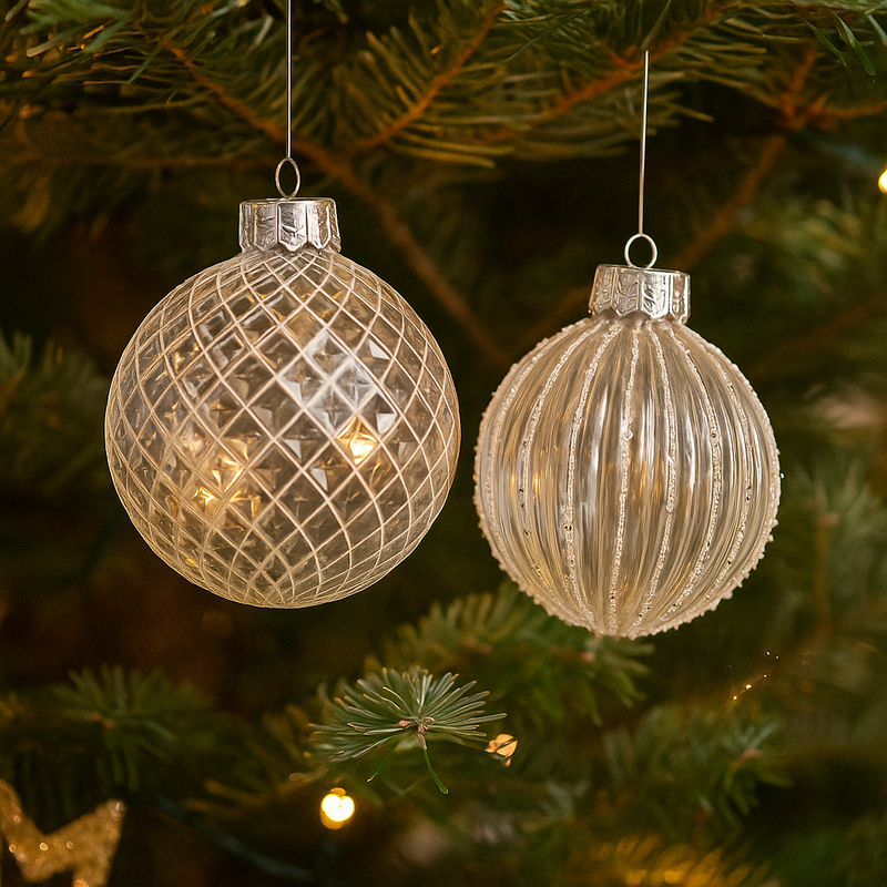 12cm clear shatterproof Christmas baubles with white glitter snowflake and swirl details, assorted designs