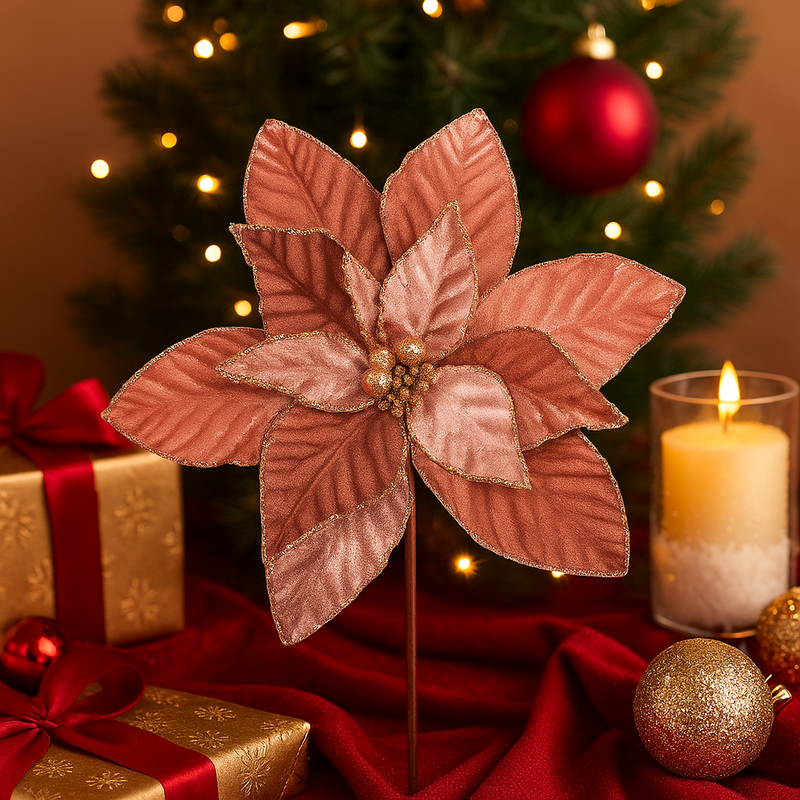 Artificial Coffee Velour Poinsettia with Copper Glitter – 29cm flower on 50cm stem Christmas decoration