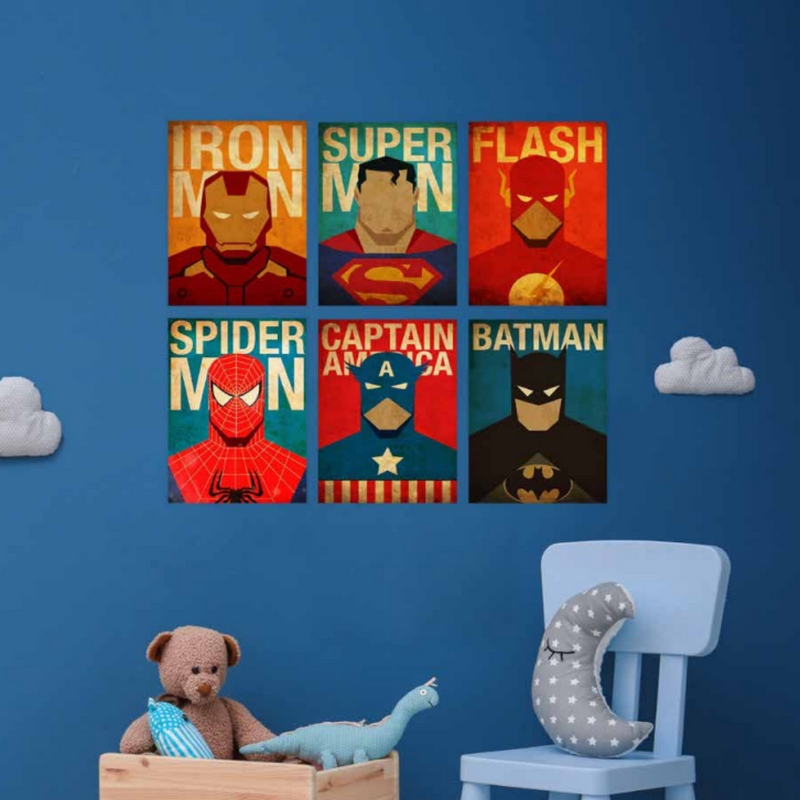 Comic Heroes canvas print 30x40cm assorted superhero-style pop art wall décor for kids and teen bedrooms