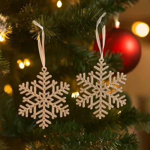 Acrylic snowflake tree ornaments 8cm 2 pack with champagne and sage green glitter