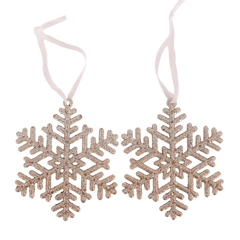 Acrylic snowflake tree ornaments 8cm 2 pack with champagne and sage green glitter