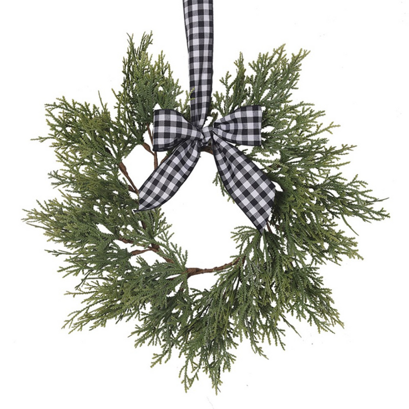 Ronis Cypress Pine Wreath With Black & White Gingham Ribbon 30x30x5cm