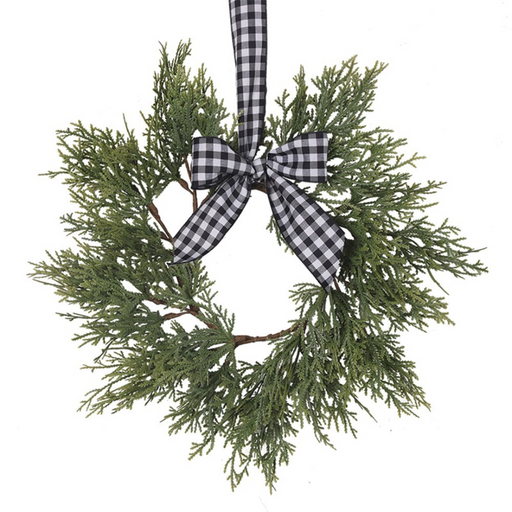 Ronis Cypress Pine Wreath With Black & White Gingham Ribbon 30x30x5cm