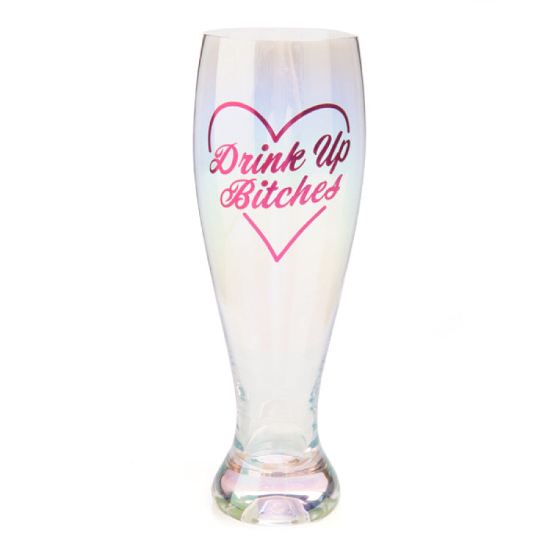 Iridescent pilsner glass with text