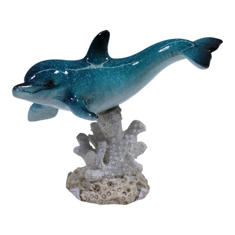 Marble blue dolphin on coral base 11x9cm