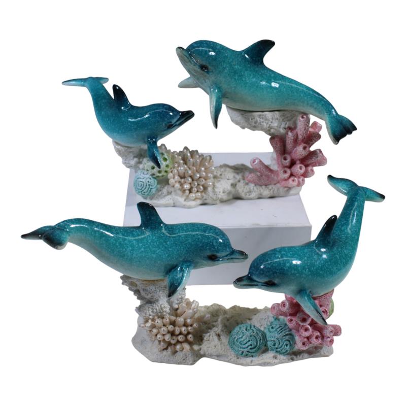 Blue marble twin dolphins on coral ornament