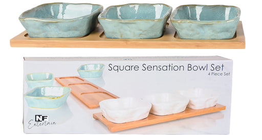 Set of square blue bowls on tray