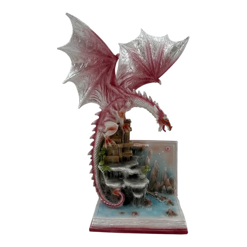 Pink dragon on fairytale book figurine